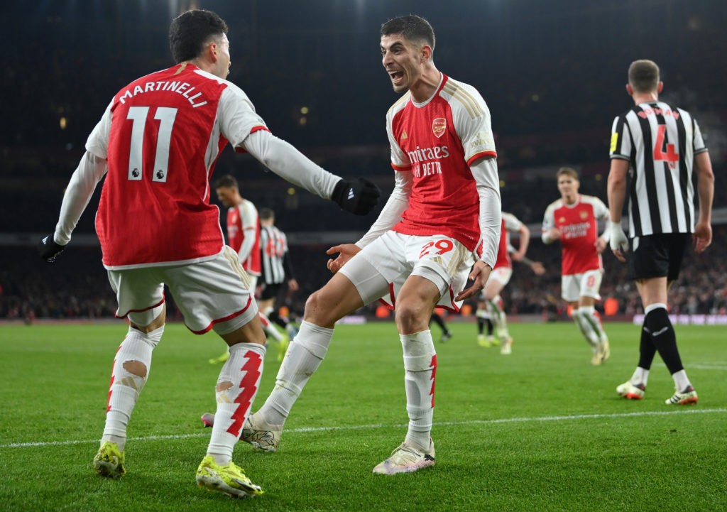 Arsenal players Kai Havertz and Gabriel Martinelli celebrate goal v Newcastle United in Premier League