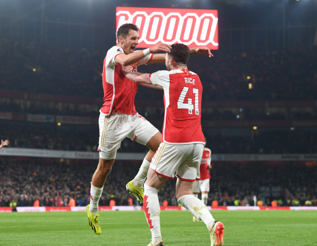 Arsenal players Jakub Kiwior and Declan Rice celebrate goal v Newcastle United in Premier League