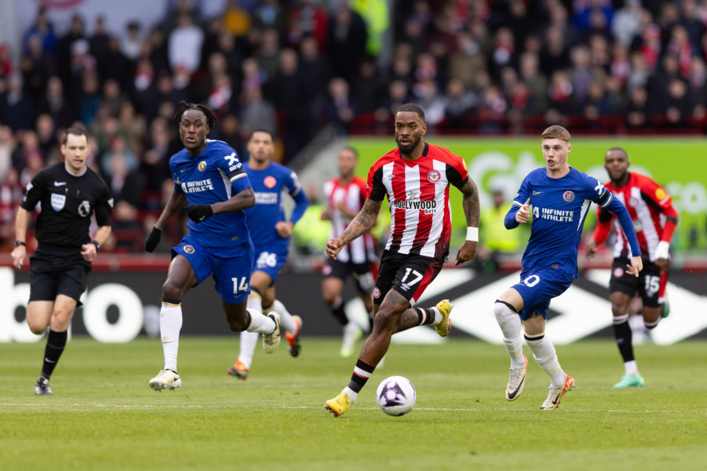 Brentford striker Ivan Toney in Premier League action v Chelsea