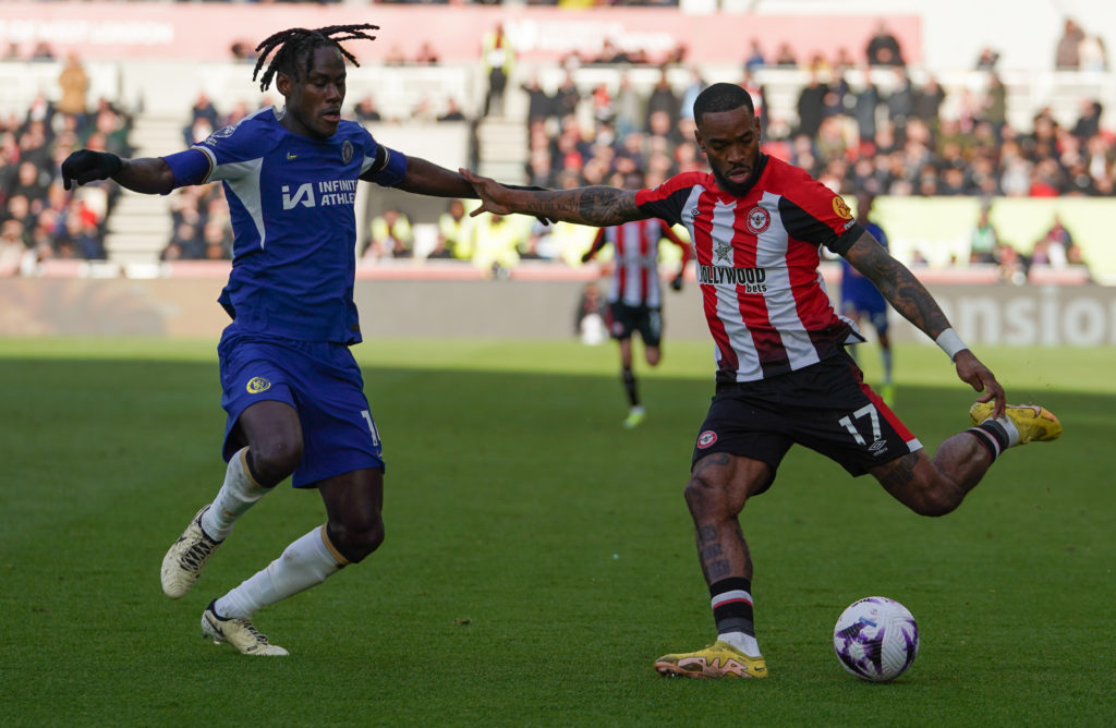 Brentford striker Ivan Toney in Premier League action v Chelsea