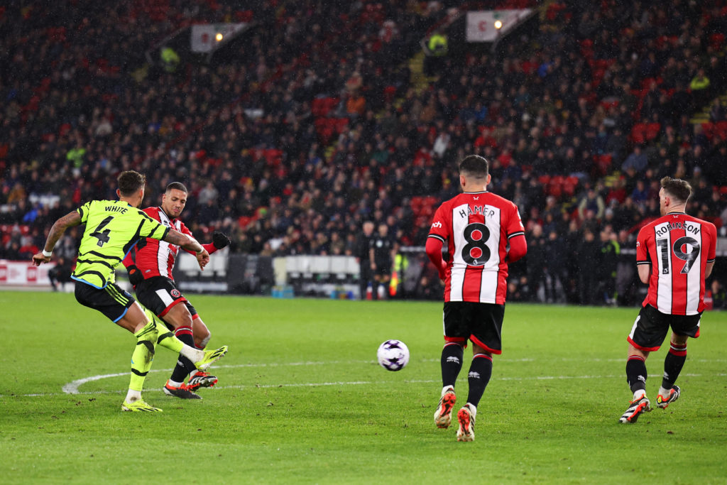 Arsenal defender Ben White scoring in Premier League vs Sheffield United