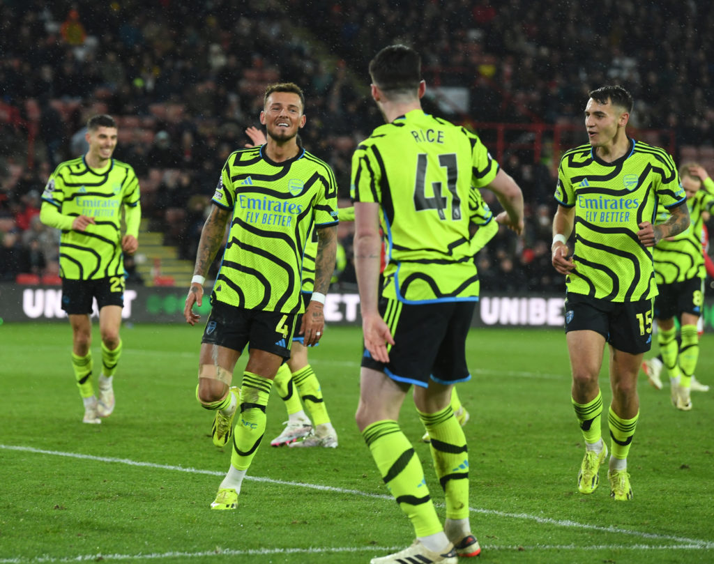 Arsenal defender Ben White celebrates scoring in Premier League vs Sheffield United