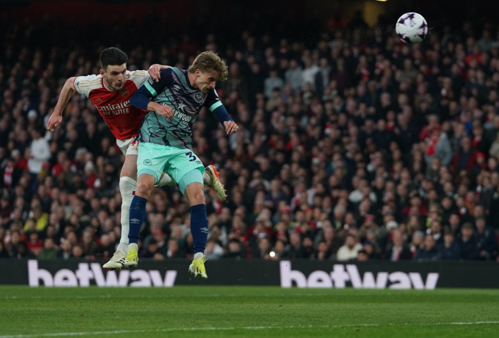 Arsenal midfielder Declan Rice scoring v Brentford in Premier League