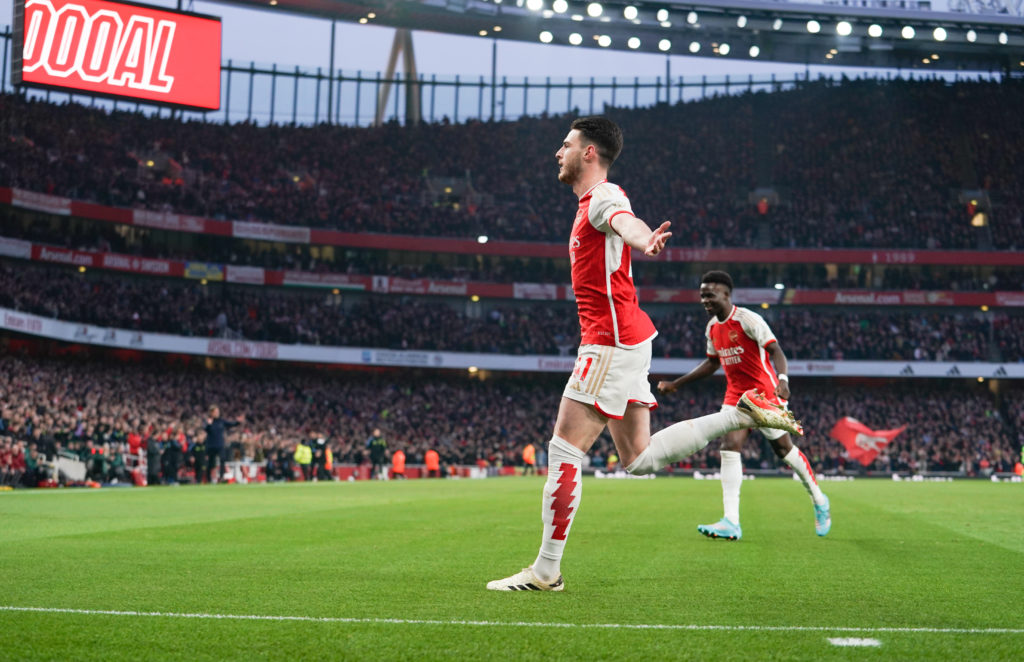 Arsenal midfielder Declan Rice celebrates scoring v Brentford in Premier League