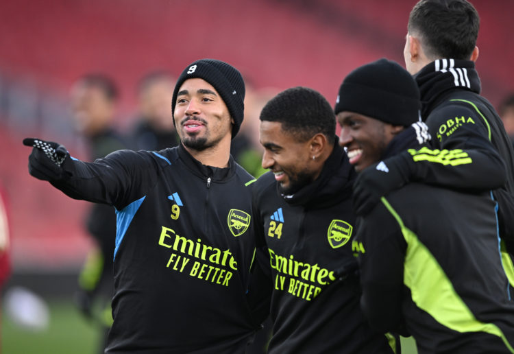 L-R0 Gabriel Jesus, Reiss Nelson and Eddie Nketiah of Arsenal during a training session at Emirates Stadium on March 08, 2024 in London, England.  (Photo by Stuart MacFarlane/Arsenal FC via Getty Images