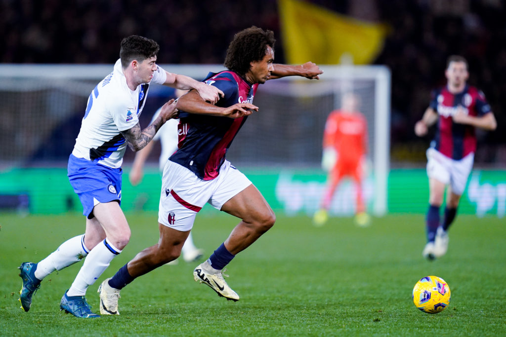 Bologna FC striker Joshua Zirkzee in Serie A action vs Inter Milan