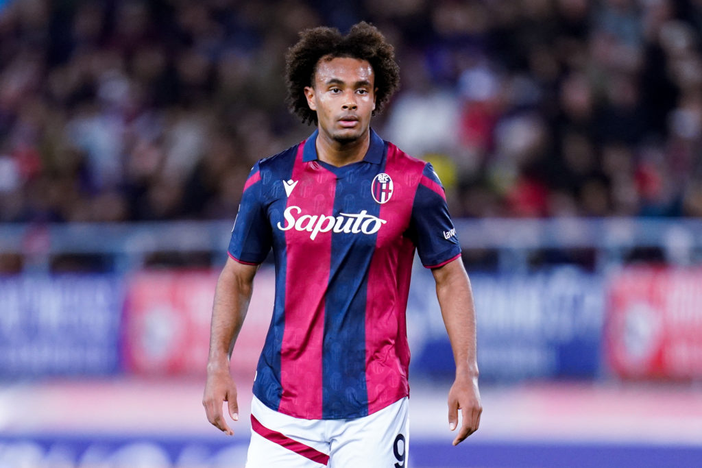 Bologna FC striker Joshua Zirkzee in Serie A action vs Inter Milan