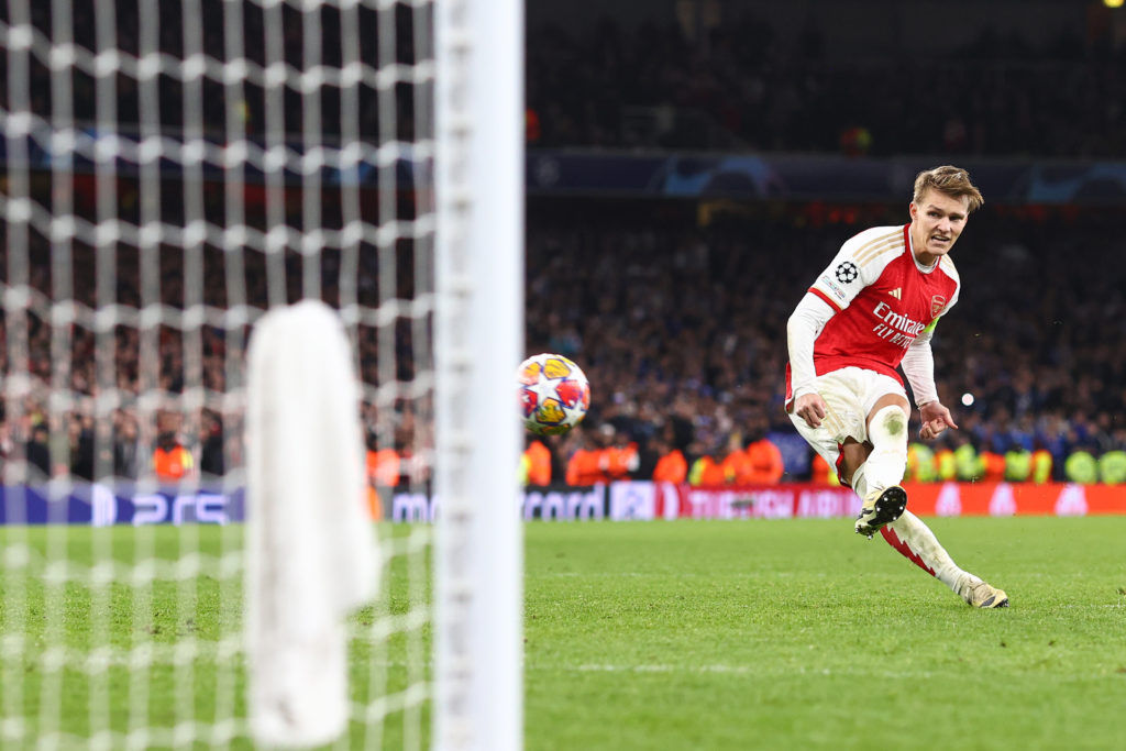 Arsenal captain Martin Odegaard scores penalty v FC Porto in Round of 16 Second Leg of UEFA Champions League 2023/24