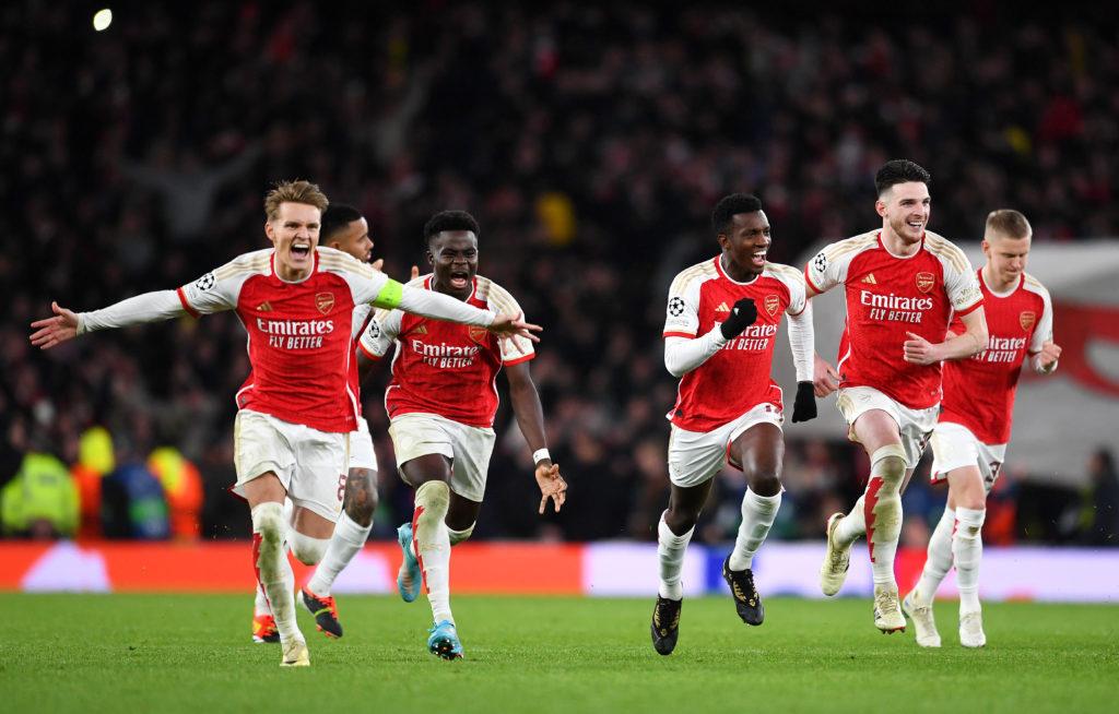 Arsenal captain Martin Odegaard celebrates v FC Porto in Round of 16 Second Leg of UEFA Champions League 2023/24