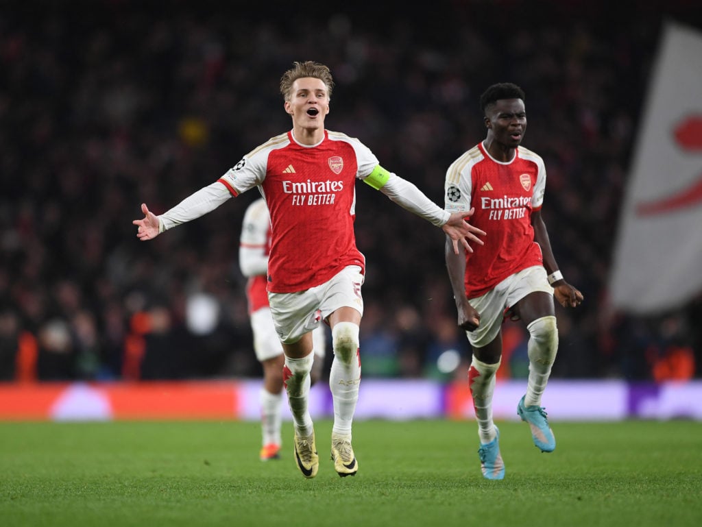 Arsenal captain Martin Odegaard celebrates v FC Porto in Round of 16 Second Leg of UEFA Champions League 2023/24