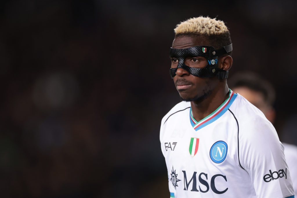 SSC Napoli striker Victor Osimhen reacts vs FC Barcelona in Round of 16 Second Leg of UEFA Champions League 2023/24