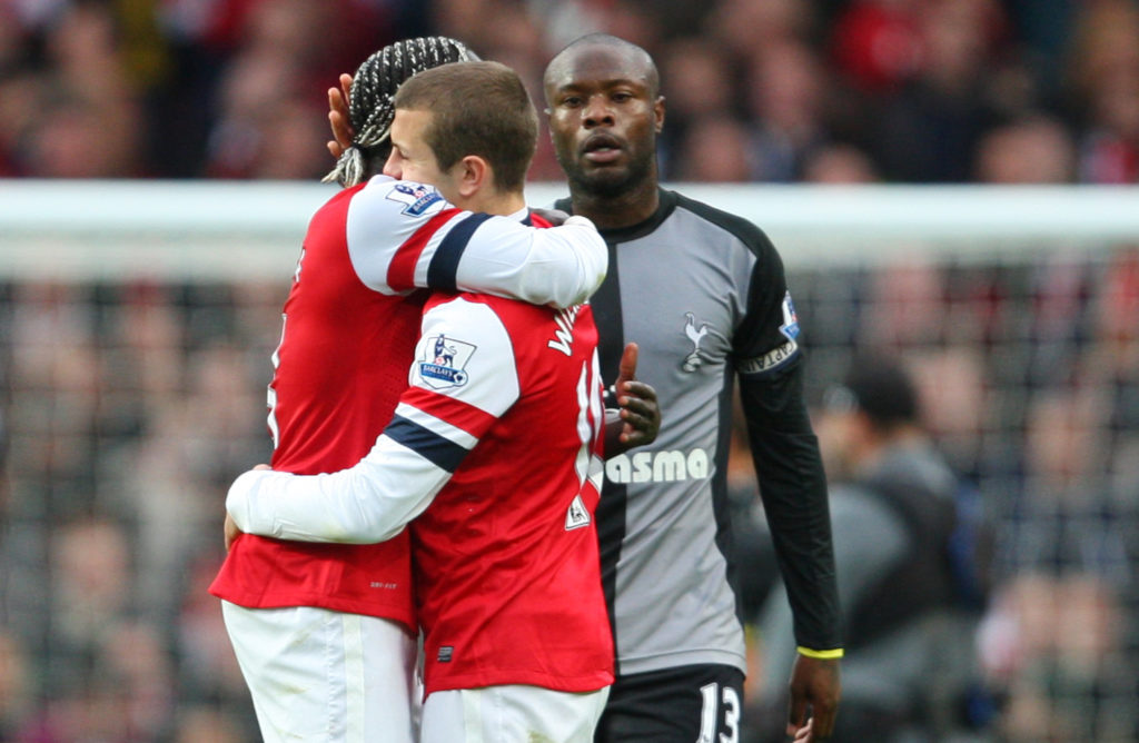 Arsenal players Bacary Sagna and Jack Wilshere against Tottenham Hotspur defender William Gallas in Premier League