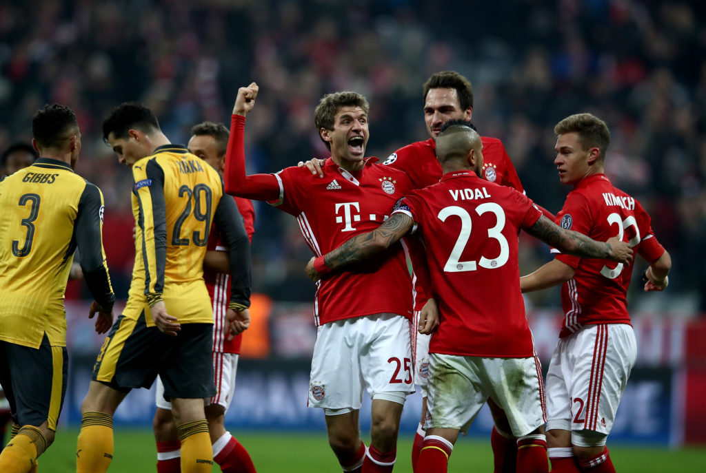 Bayern Munich striker Thomas Muller celebrates v Arsenal FC in 2016/17 UEFA Champions League Round of 16 First Leg