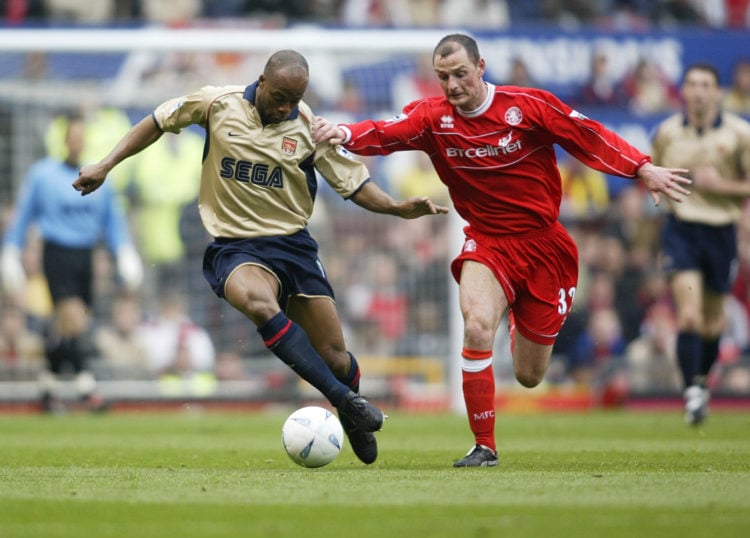 14 Apr 2002:  Sylvain Wiltord of Arsenal takes on Allan Johnston of Middlesbrough during the AXA sponsored FA Cup Semi-final match between Middlesb...