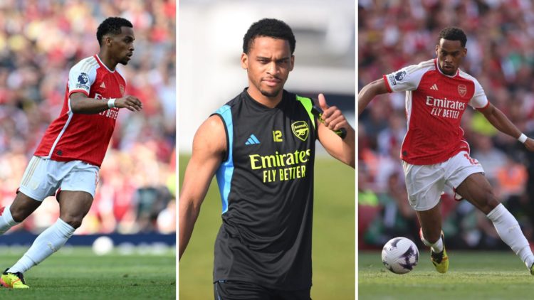 Image split into three parts. All three images depict Jurrien Timber of Arsenal.