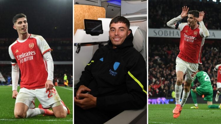 Image split into three. Left, Kai Havertz kneels on the pitch. Centre, Kai Havertz prepares to travel. Right, Havertz celebreates scoring a goal.