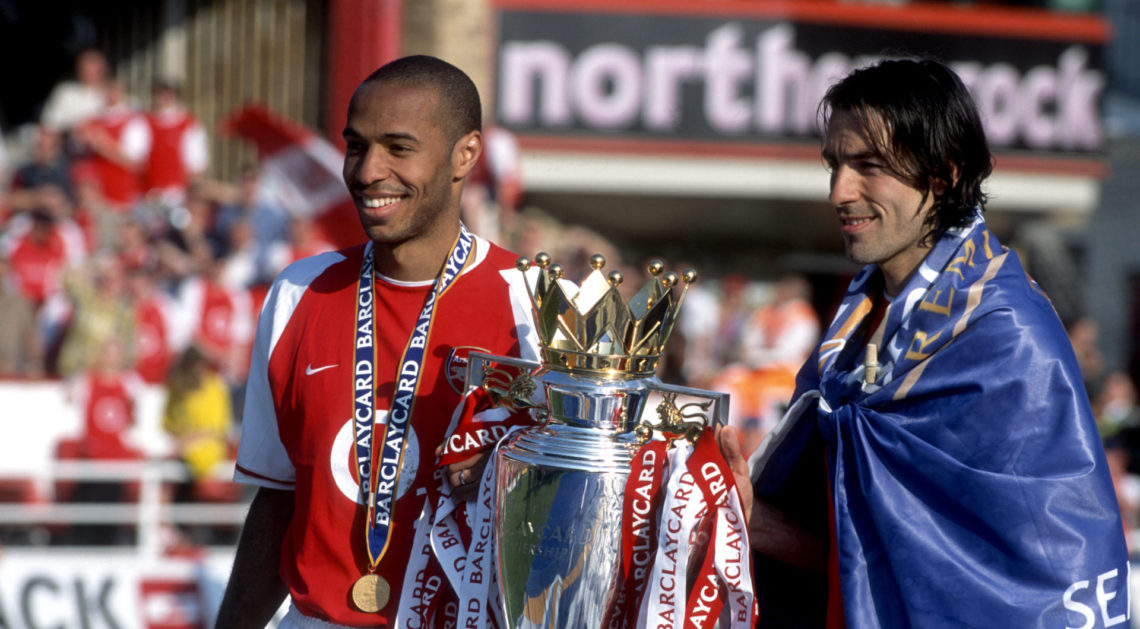 15 May 2004 - Premiership Football - Arsenal v Leicester City - Thierry Henry and Robert Pires of Arsenal pose with the Premiership trophy - (photo...