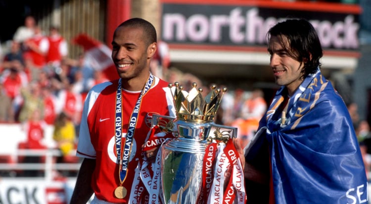 15 May 2004 - Premiership Football - Arsenal v Leicester City - Thierry Henry and Robert Pires of Arsenal pose with the Premiership trophy - (photo...