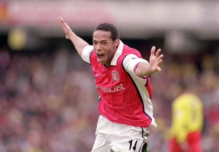 23 Apr 2000:  Thierry Henry of Arsenal celebrates during the FA Carling Premiership game between Watford and Arsenal at Vicarage Road in Watford, E...