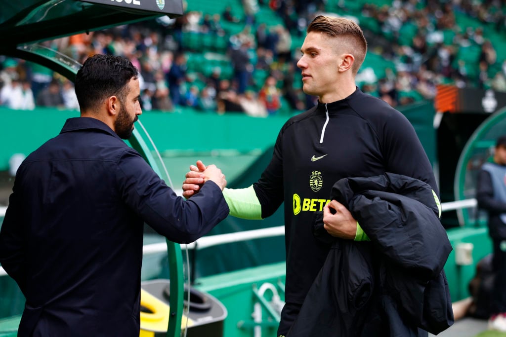 Viktor Gyokeres and Ruben Amorim shake hands during Sporting CP v Atalanta in the UEFA Champions League clash.