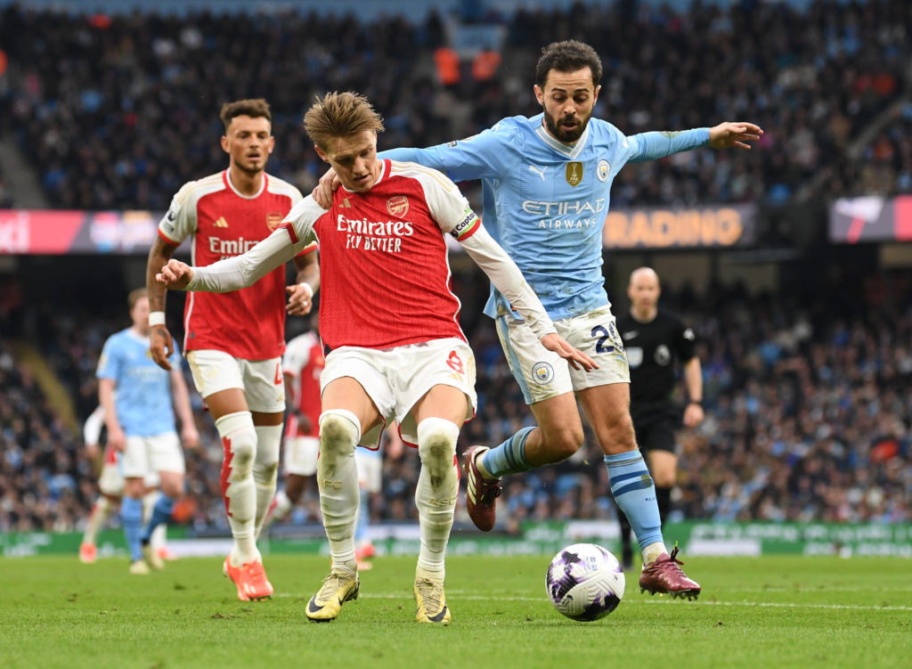 Manchester City midfielder Bernardo Silva v Arsenal captain Martin Odegaard in Premier League