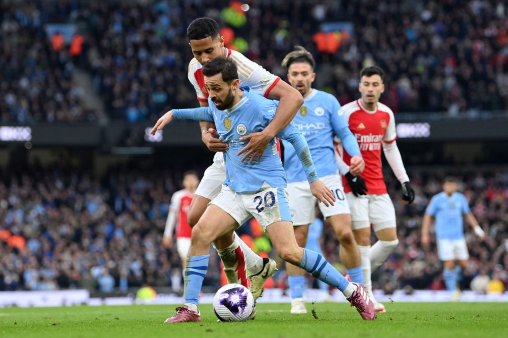 Manchester City midfielder Bernardo Silva v Arsenal defender William Saliba in Premier League