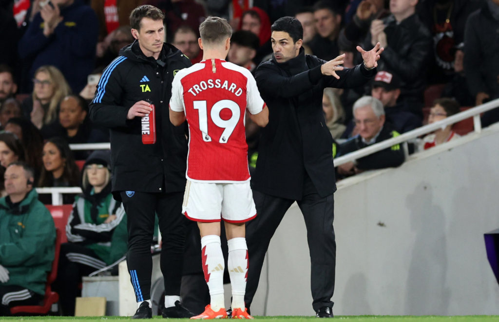 Arsenal winger Leandro Trossard with manager Mikel Arteta v Luton Town in Premier League