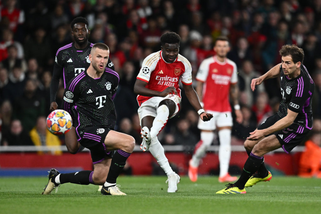 Arsenal winger Bukayo Saka scores v FC Bayern Munich in Quarter-final First Leg of UEFA Champions League 2023/24