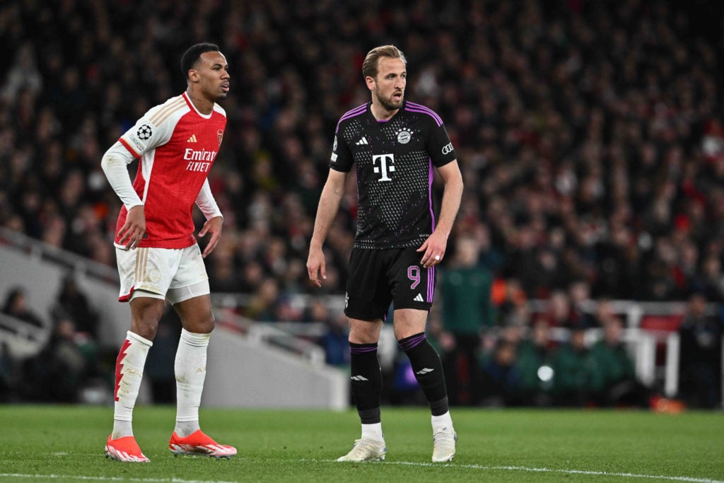 Gabriel Magalhaes marking Harry Kane during Arsenal vs Bayern Munich