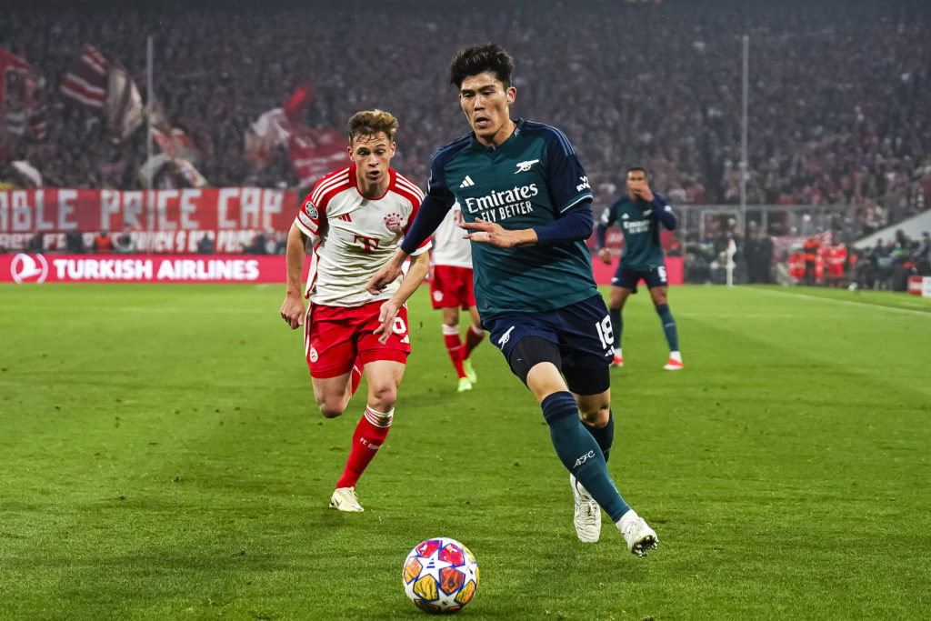 Arsenal defender Takehiro Tomiyasu v FC Bayern Munich in Quarter-final Second Leg of UEFA Champions League 2023/24