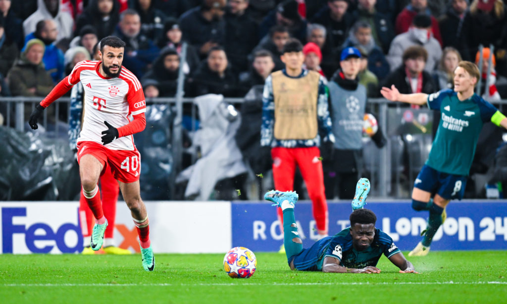 Arsenal winger Bukayo Saka v FC Bayern Munich in Quarter-final Second Leg of UEFA Champions League 2023/24