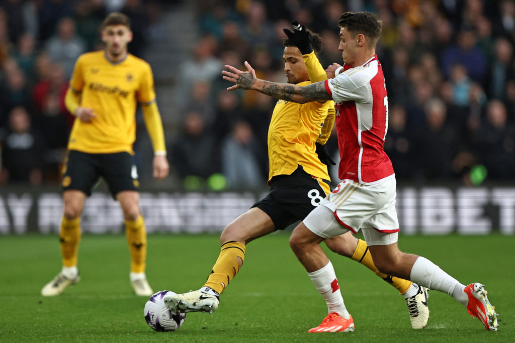 Arsenal defender Jakub Kiwior vs Wolves midfielder Joao Gomes in Premier League