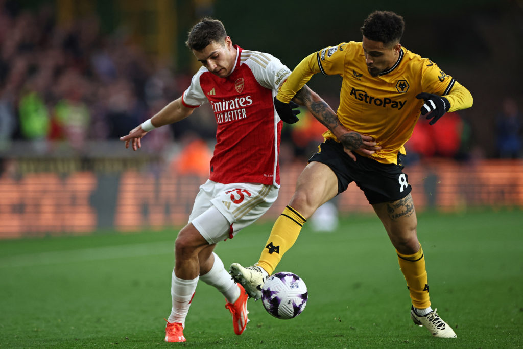 Arsenal defender Jakub Kiwior vs Wolves midfielder Joao Gomes in Premier League