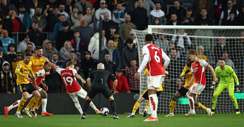 Arsenal winger Leandro Trossard scoring a goal vs Wolves in Premier League