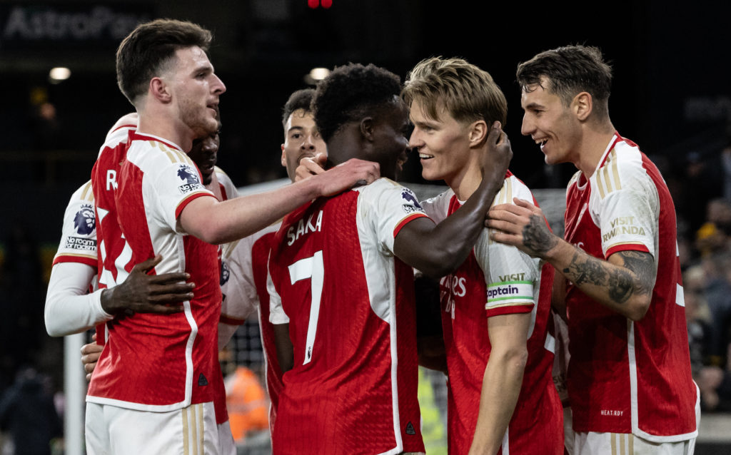 Arsenal captain Martin Odegaard celebrates scoring vs Wolves in Premier League