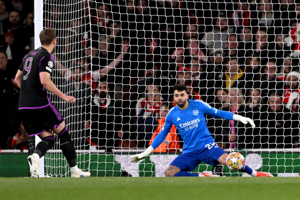 FC Bayern Munich striker Harry Kane scores past Arsenal goalkeeper David Raya in Quarter-final First Leg of UEFA Champions League 2023/24