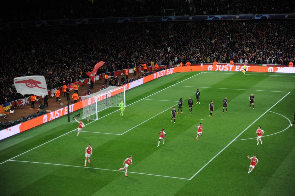 Arsenal winger Leandro Trossard scores v FC Bayern Munich in Quarter-final First Leg of UEFA Champions League 2023/24
