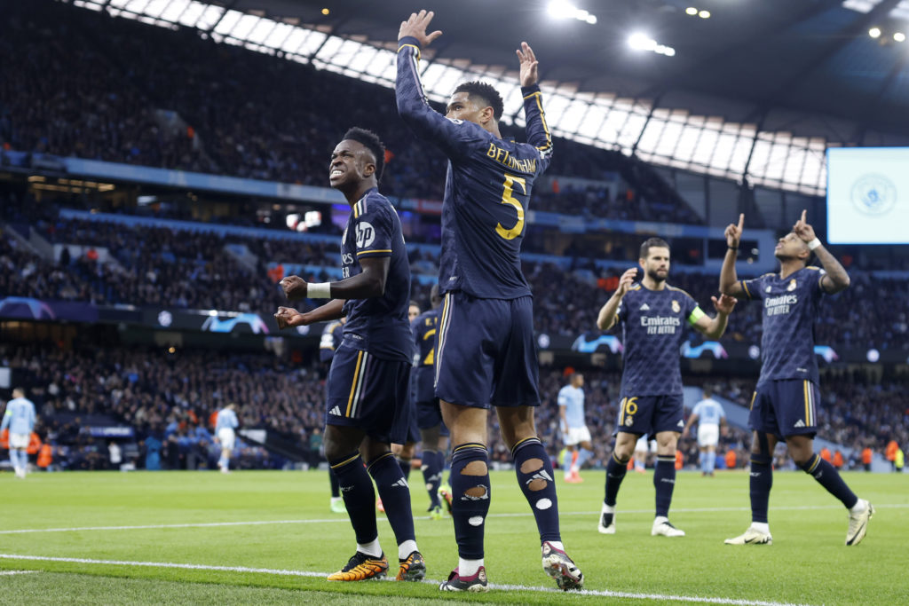 Real Madrid player Rodrygo celebrates vs Manchester City in Quarter-final Second Leg of UEFA Champions League 2023/24