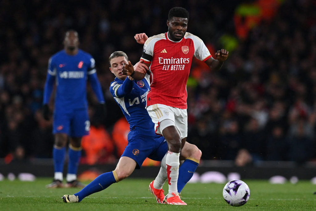 Arsenal midfielder Thomas Partey battles with Conor Gallagher of Chelsea for possession