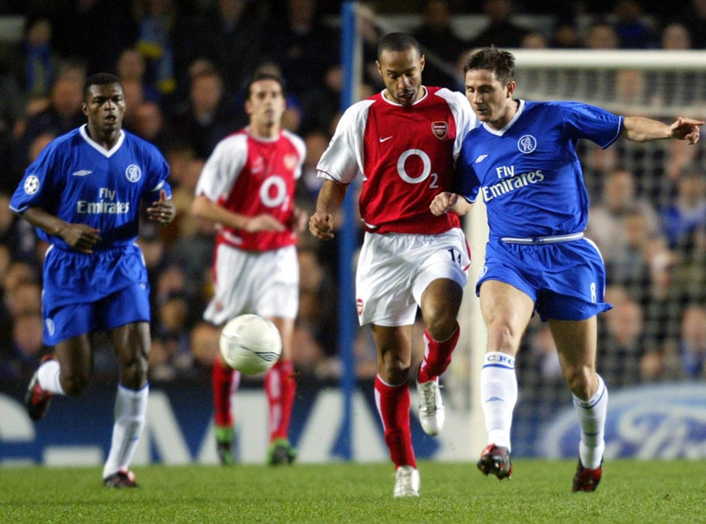 Arsenal legend Thierry Henry vies for the ball with Frank Lampard of Chelsea in the 2003/04 Champions League