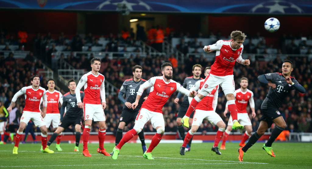 Arsenal defender Nacho Monreal v FC Bayern Muinch in UEFA Champions League Round of 16: Second Leg in 2017