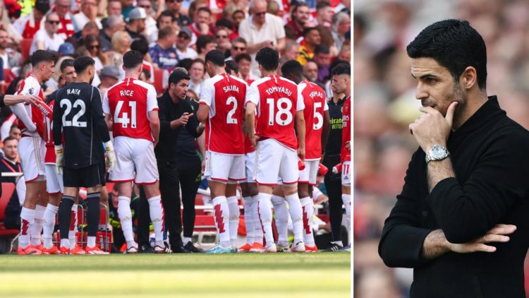 A two-part grid image, featuring the Arsenal team and Arteto on the left, and Arteto alone, looking contemplative, on the right.