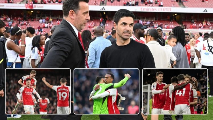 Mikel Arteta and Arsenal Sporting Director on the field after a match. Inset, three images of Arsenal players in various forms of celebration.
