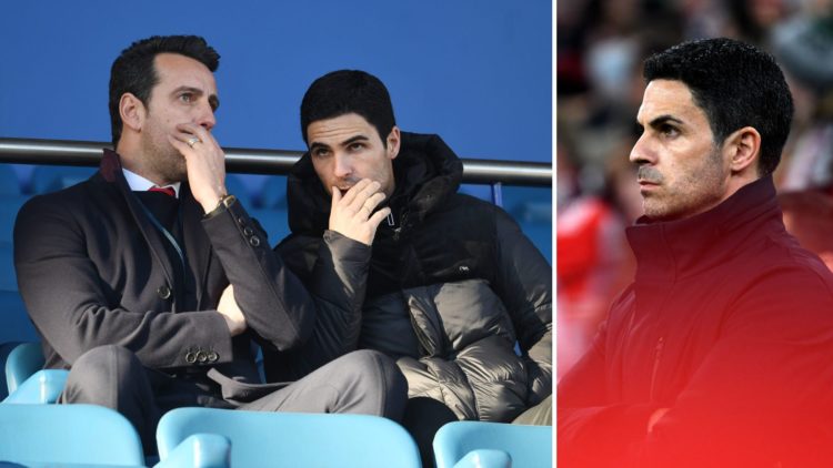 Two-part image. Left, Edu and Arteta talk among themselves in the stands. Right, Arteta watches on, verging on irritation. There is a red gradient ...