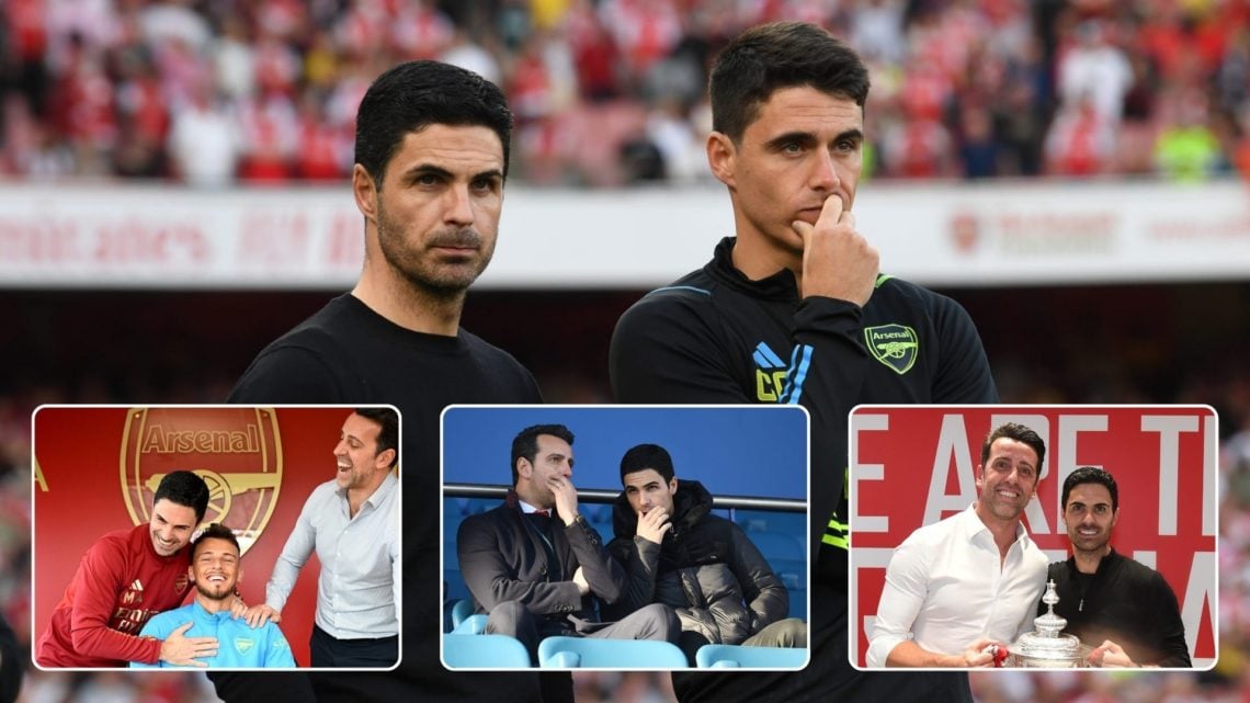 Arteta and his assistant coach watch on. Inset, three images: Arteta and Edu signing a player contract, Arteta and Edu talking with each other in t...