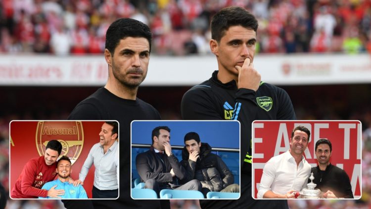 Arteta and his assistant coach watch on. Inset, three images: Arteta and Edu signing a player contract, Arteta and Edu talking with each other in t...