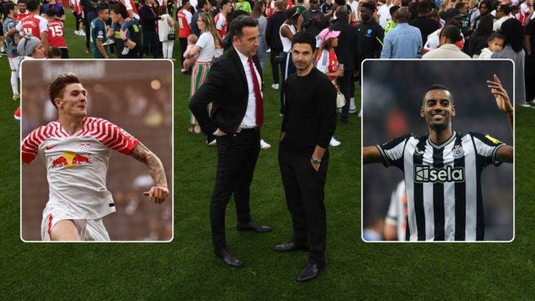 Mikel Arteta and Sporting Director Edu standing on the field, having a discussion. Inset, two images of Sesko and Isak respectively.