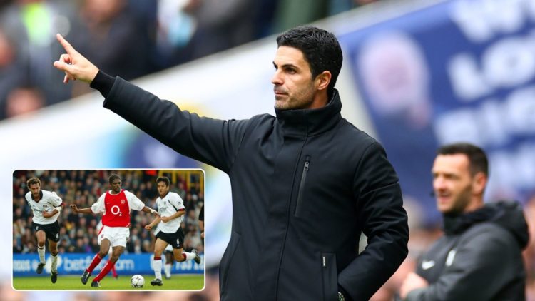 Arsenal manager Mikel Arteta gestures from the touchline during a match. Inset, Kanu of Arsenal inaction during a 2002 match.