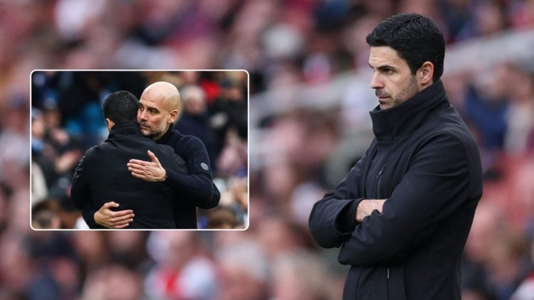 Manager Mikel Arteta looks on during a football match. Inset, Arteta hugs Pep Guardiola at the end of a match.