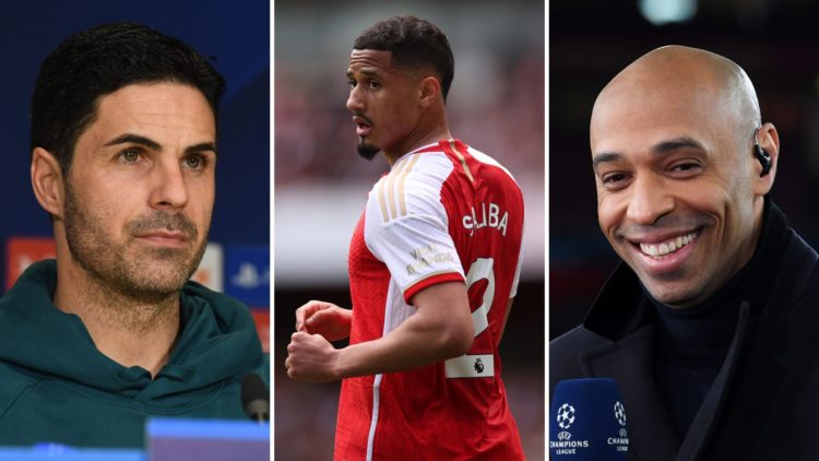 Three-part image of Mikel Arteta, William Saliba, and Thierry Henry.